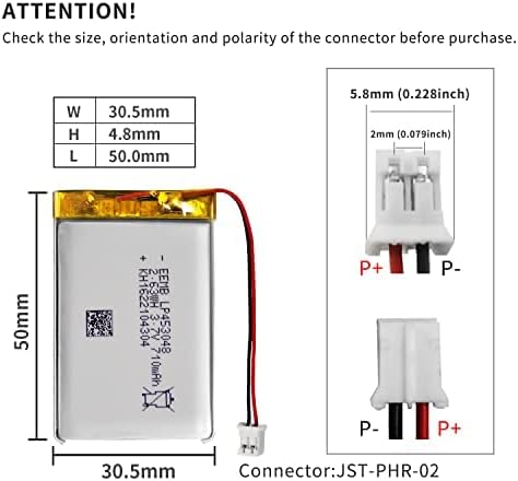 EEMB Lithium Polymer Battery 3.7V 710mAh 453048 Lipo Rechargeable Battery Pack with Wire JST Connector for Speaker and Wireless Device- Confirm De...