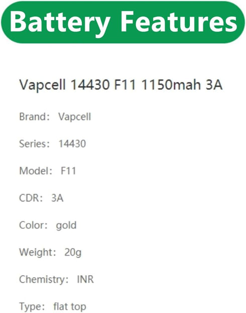 F11 14430 1150mah 3A 3.7V Flat top Rechargeable Batteries (Pack of 2)...