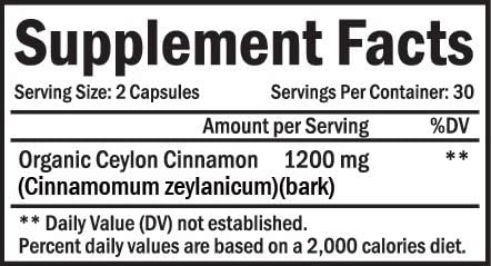 Organic Ceylon Cinnamon Supplement - 60 Capsules, 1200mg - Natural Antioxidant Dietary Supplement - Promotes Heart, Brain & Immune Health...