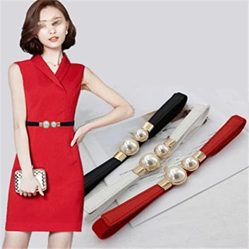 Skinny Belts for Women ,Pearl Belts Fashion Dress Belts Stretch Women Waist Belts Plus Size Elastic Waist Band for Dresses, Black, 65x1.5cm...
