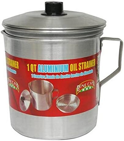 Bene Casa - Fine Filter Aluminum Oil Strainer and Dispenser (1 Quart) - Includes Stay-tight Lid and Long-grip Handle - Dishwasher Safe...