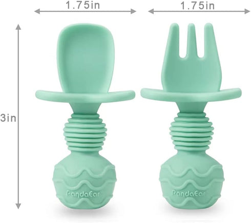 PandaEar 4 Pack Silicone Baby Spoons and Fork Feeding Set- Anti-Choke First Self Feeding Utensils for Baby Led Weaning Ages 3 Months (Cyan+Blue)...