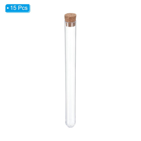 PATIKIL 13ml Plastic Test Tubes with Cork Stoppers, 15Pcs 150x15mm Tubes for Scientific Party Decoration Candy Bead Storage Bath Salt Lab Use, Cle...