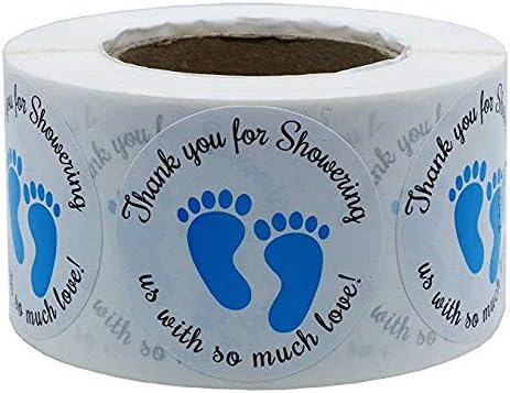 Gender Neutral Baby Shower Stickers?Thank You for Showering Us with So Much Love Round Labels Blue Baby Footprint Stickers,...