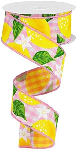 Lemons on Woven Check Wired Edge Ribbon, 10 Yards (Pink, 1.5 Inch)...