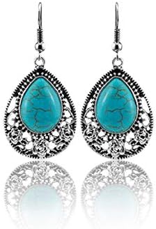 Harlorki Retro Vintage Bohemia Style Alloy Metal Chain Turquoise Pendent Necklace Hook Earrings Fashion Jewelry Set for Women Lady...