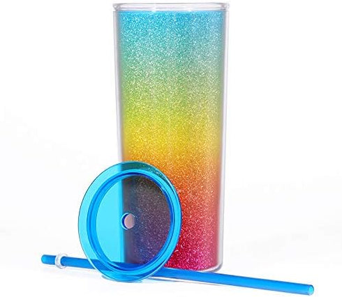Home Tune Rainbow Tumbler with Straw, Sand Flow Glitter Double Wall Acrylic Cup Tumbler, 21 oz / 640ml (Blue)...