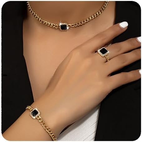 YERTTER Dainty Rhinestone Enamel Necklace Bracelet Rings Set Chunky Chain Collar Choker Necklace Set for Women...