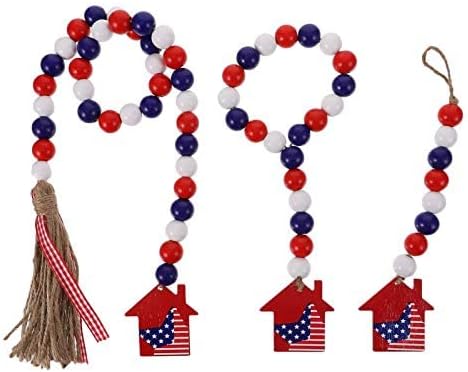 LUOZZY 3 Pcs Independence Day Wood Bead Garland with Tassel 4th of July Patriotic Bead Garland for 4th of July Presidential Election Party Decorat...