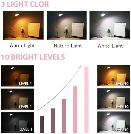 Desk Clip Reading Light, 3 Light Modes 10 Dimmable Brightness, Eye-Caring Bedroom Bedside Lamp, Flexible Neck Clamp Lamp?Pink?...