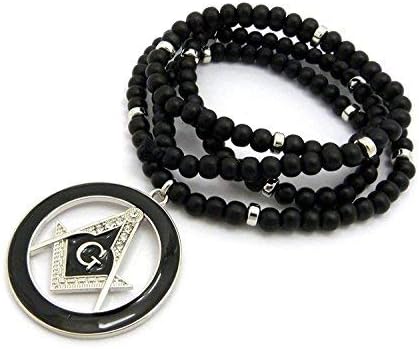 MENS FREEMASON MASONIC COMPASS PENDANT WITH 6mm/30 WOODEN BEAD NECKLACE...