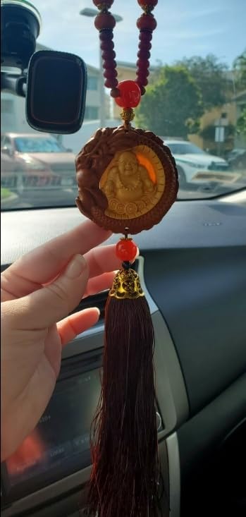 Car Hanging Decor Dangling Ornaments Auto Vehicle Rearview Mirror Pendant Crystal Lotus Amulet Pray for Luck Safety (Laughing Buddha)...