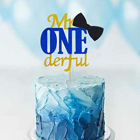 Joymee Mr Onederful Cake Topper,Double Sided 1st First Cake Decorations with Bowtie Gold Glitter Little Man Happy Birthday Handmade Ornaments for ...