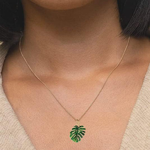Green Enamel Monstera Leaves Drop Earrings Necklace Set Tropical Palm Tree Leaf Jewelry for Summer...