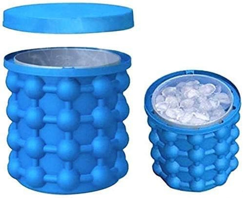 BULUSHI Large 2 in 1 Silicone Ice Bucket & Ice Mold with lid,Silicon Ice Cube Maker Genie, Portable Silicon Ice Cube Maker Blue 13.2X13.2X14CM...