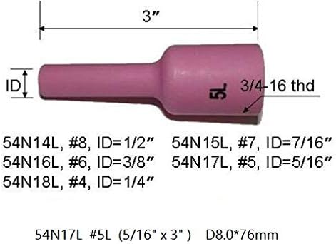 RIVERWELD TIG Gas Lens Ceramic Cup Long Assorted Size Kit 54N18L (4L 1/4") 54N17L (#5L 5/16") 54N16L (#6L 3/8") 54N15L (#7L 7/16") 54N14L (8L# 1/2...