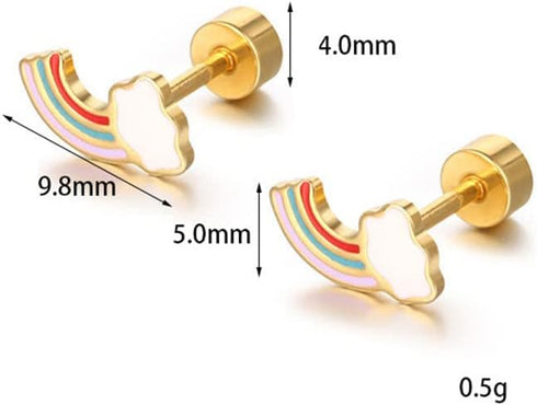 18g Titanium Rainbow Earrings for Women 14k Gold Plated Stainless Steel Hypoallergenic Tiny Cloud Stud Cartilage Tragus Screw Back Post Piercing S...