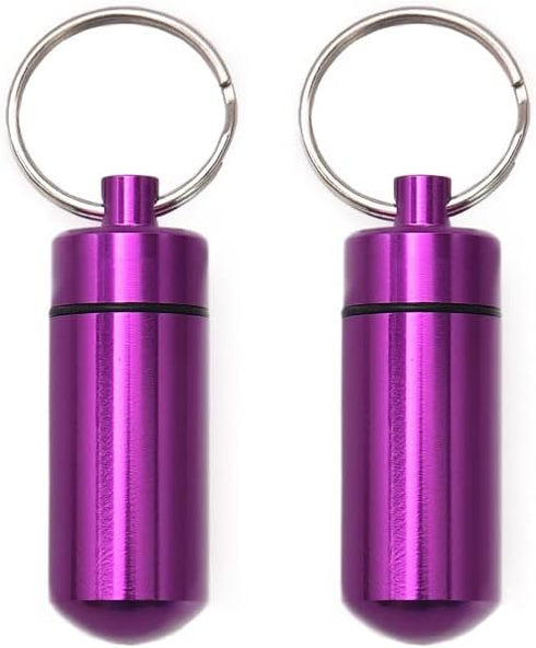 AKOAK 2 Pcs Colorful Round Aluminum Alloy Pill Bottle, Emergency Jar, Waterproof Outdoor Travel Portable Pill Bottle Key Chain (Purple)...