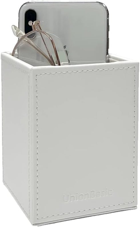 UnionBasic Square Pen Holder, Leather Pencil Cup, Desktop Caddy Stationery Organizer, White...