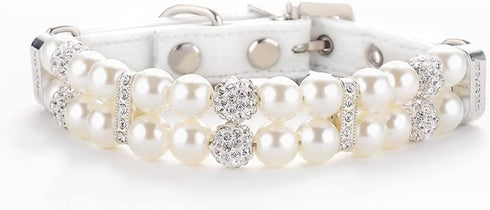 Dog Cat Pearl Collars with Crystal Rhinestone PU Leather Collars Necklace Adjustable CollarDog Chain Cat White Pearl Pet Collar (Medium, White)...