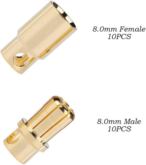 10 Pairs Gold-Plated 8.0mm 8mm Male Female Banana Plugs Bullet Connector for RC Battery ESC Motor (8.0mm Bullet Connector)...