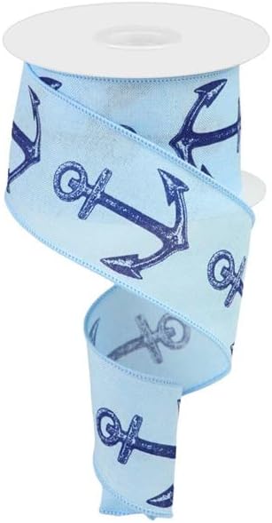 Anchor Wired Edge Nautical Ribbon, Light Blue Navy 10" x 10 Yds (30 Ft)...