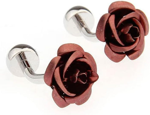 Rose Flower Brown Bronze Pair of Cufflinks in a Presentation Gift Box with a Polishing Cloth...