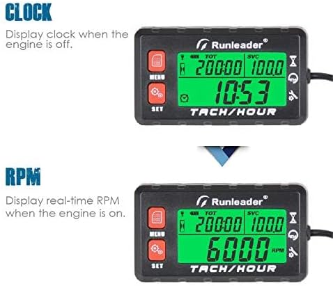Runleader Hour Meter Tachometer, Maintenance Reminder, Alert RPM Reminder, Initial Hours Settable, Battery Replaceable, Use for Lawn Mower Generat...