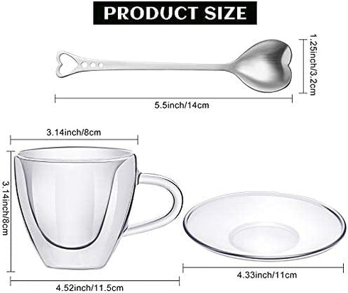 Patelai Heart Shaped Double Walled Glass Insulated Coffee Mug Clear Tea Cup 180 Ml, 6 oz Cappuccino Cup with Saucer and Heart Shaped Coffee Spoons...