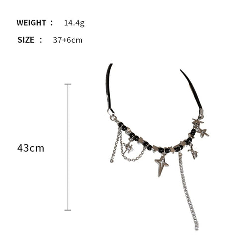 Leather Tassel Rhinestone Necklace Five-pointed Star Pendant Necklace Black Leather Punk Choker Necklace Halloween Jewelry for Women...