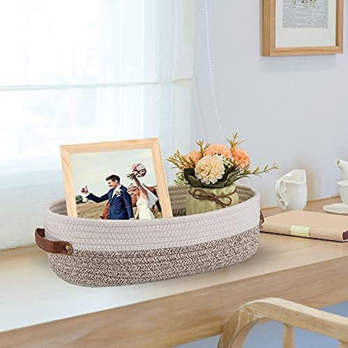 Woven Storage Basket for Toilet Tank Top,Farmhouse Home Decor Organizing Basket for Bathroom,Table and Counter 13"x5.9"x4" Apricot Stitching White...