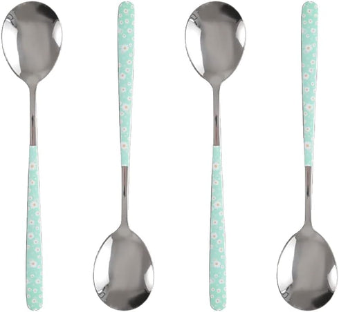 Stainless Steel Soup Spoon,Korean Dessert Spoon,Green Daisy Mixed Color Spoon for Home, Kitchen or Restaurant, Set of 4 Green Daisy Colour Soup Sp...