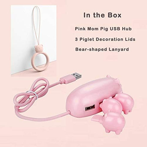 Pink Pig USB Hub, 3-Port Cute USB Hub with 3 Piglet Decoration Lids, Perfect Pig Stuff & Gifts for Pig Lovers, USB Splitter for Hard Drives, Mouse...