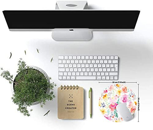 Floral Flowers Roses Mouse Pad, Bright Pink and Yellow Girly Watercolor Flowers Mouse Pad, Round Gaming Mouse Mat Waterproof Circular Small Mouse ...