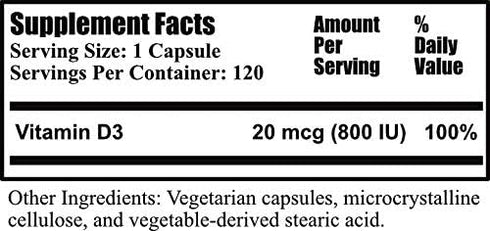 Daily Manufacturing Vitamin D3 800 IU (20 mcg, Non-GMO & Certified Kosher) 120 Vegetarian Capsules...