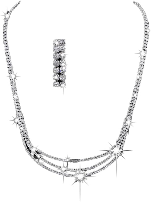 Bridal Necklace Earrings Set Layered Crystal Necklace Rhinestone Dangle Earrings for Women Fashion Jewelry Set for Bride Bridesmaid...