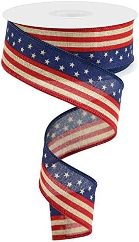 Stars & Stripes Flag Wired Edge Ribbon - 1.5 Inches x 10 Yards (Light Beige, Red, Blue)...