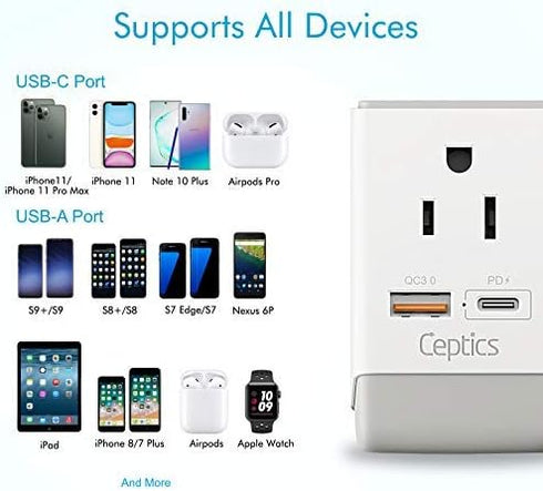 Ceptics European Travel Plug Adapter, Schuko QC 3.0 & PD Safe Dual USB & USB-C - 2 USA Socket - Compact & Powerful - Use in Greece Italy Switzerla...