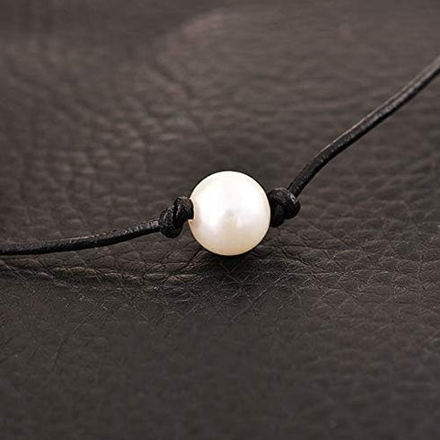 MJartoria Black PU Leather Cord Faux Pearl Choker Necklace...