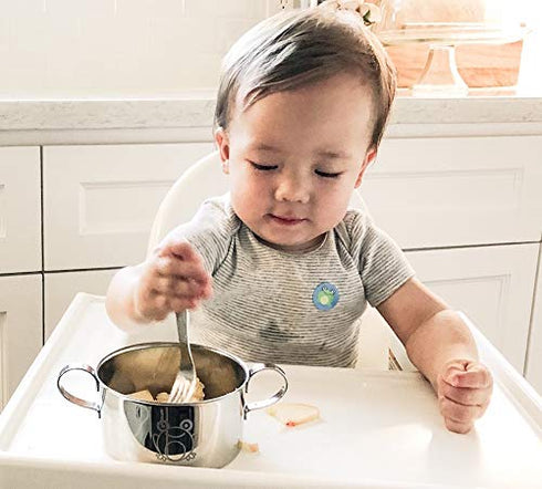 Baby Stainless Steel Utensil Set. Education series. Stainless #304 (18/8) 5pc Set (2 Spoons, 2 Forks, 1 Baby Butter Spreader/Food Pusher). Suitabl...