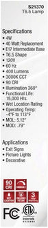 Satco 23170-4T6.5/LED/CL/930/120V/E17 Tubular (S21370) Intermediate Screw Base Exit Light Bulb...