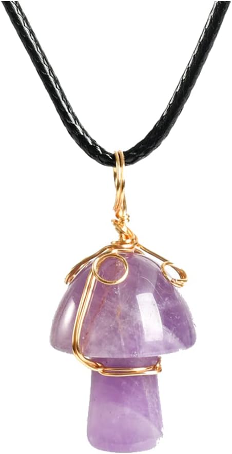 Fuqimanman2020 Natural Mushroom Pendant Necklace Wire Wrapped Crystal Purple Stone Quartz Gemstone Energy Healing for Women Reiki Jewelry...