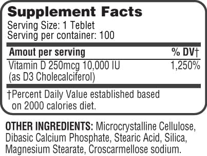 365 Health Vitamin D 250mcg, D3 Cholecalciferol for Immune Support and Promotes Healthy Bones, D3 10000IU Tablets, White-Color, 10,000 IU, 100 Cou...