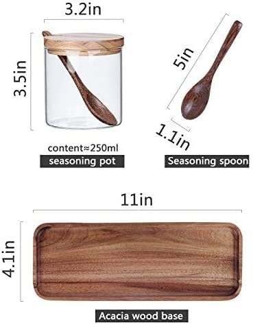 Hovico Condiment Container Seasoning Box Set, with Wooden Spoon Lid and Base, Salt Sugar Spice Pepper Condiment Container Jar Set of 3...