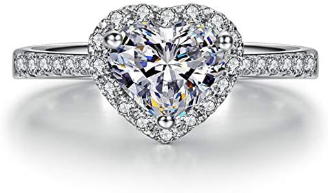 Sdouefos Rhodium Plated Sterling Silver Heart Shaped Cubic Zirconia CZ Halo Engagement Wedding Insert Ring Promise Rings for Her (6)...