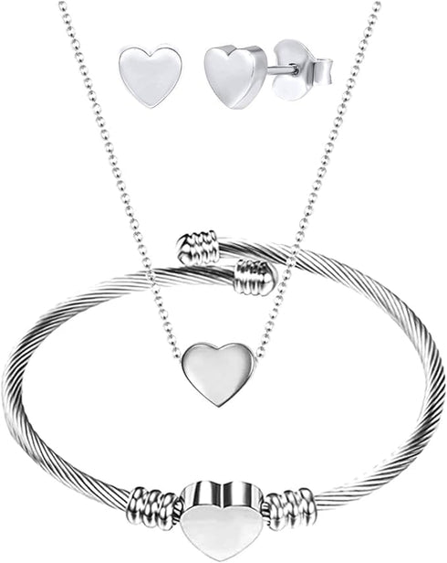 XAM 3 Pcs/set Elegance Heart Jewelry Set Stainless Steel Heart Shaped Necklace Bracelet and Stud Earring for Women...