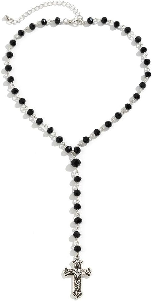 Gothic Cross Pendant Y-Shaped Necklace Blood Red/Black Crystal Rosary Beads Silver Cross Chain Choker Necklace Y2k Grunge Necklace Punk Goth Jewel...