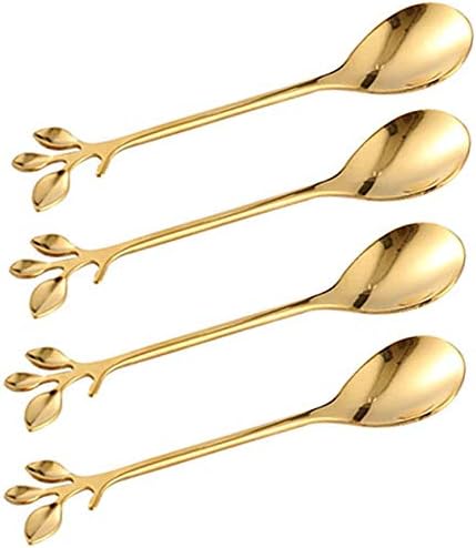 12 pcs Stainless Steel Gold Leaf Coffee Spoon Creative Tableware Dessert Spoons,Tea Sugar Spoons Spoon Set for Ice Cream or Cake, Tea Spoon Set (G...