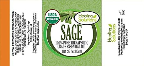 Healing Solutions Organic Sage Essential Oil, Pure & Undiluted 0.33 oz (10ml), Sage Essential Oil for Hair, Diffuser, Skin, & Aromatherapy - Thera...