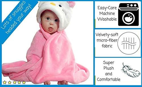 Hooded Toddler Blanket | Plush Soft Animal Baby or Infant Hoodie Blankie 36x27 + Hood (Light Pink)...